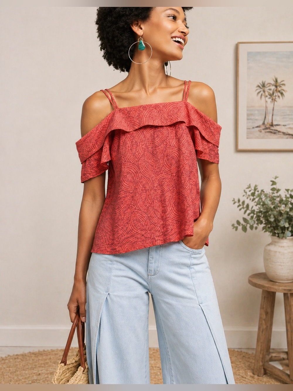 Anthropologie Maeve Off Shoulder Top Medium Coral Ruffle Cold Shoulder Boho - Picture 3 of 12